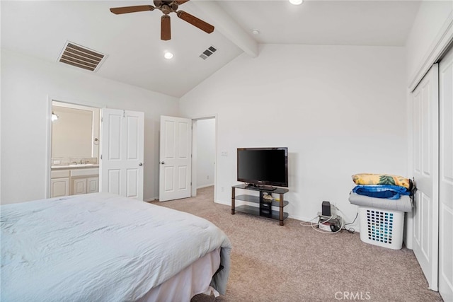 bedroom with beamed ceiling, light carpet, a closet, high vaulted ceiling, and ceiling fan