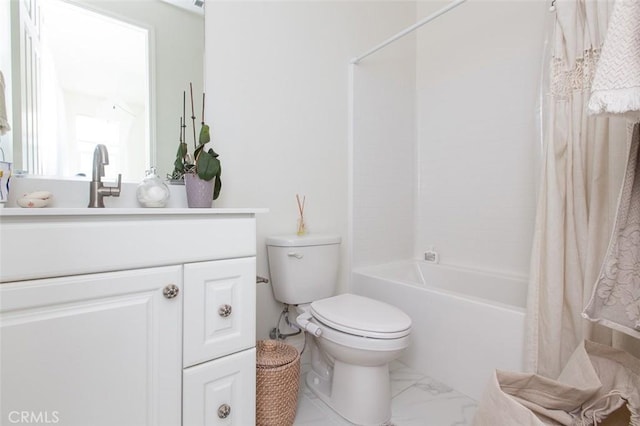 full bathroom with toilet, shower / tub combo, and vanity