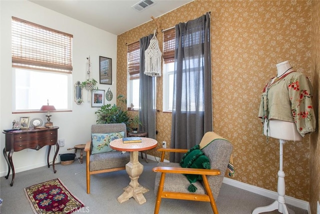 sitting room with carpet floors