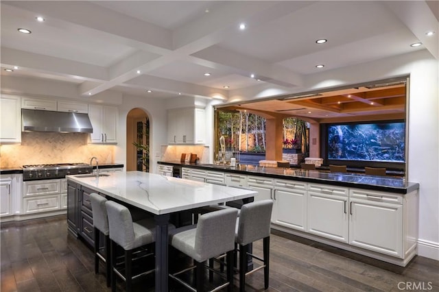 kitchen featuring white cabinets, tasteful backsplash, dark stone countertops, and a center island with sink