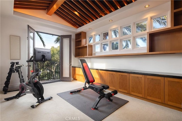 workout room featuring light colored carpet and vaulted ceiling