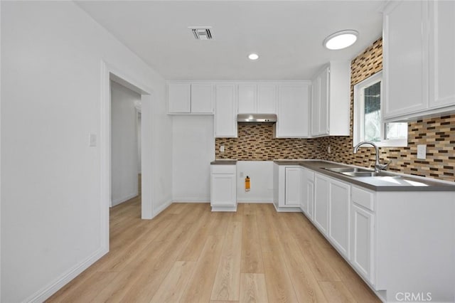 kitchen with light wood-type flooring, white cabinetry, tasteful backsplash, and sink