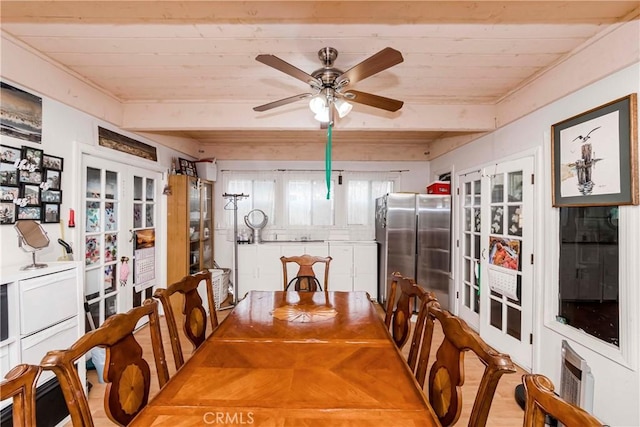 dining area featuring french doors, ceiling fan, and wood ceiling