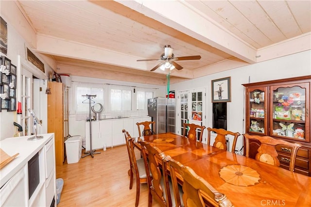 dining room with french doors, ceiling fan, light wood-type flooring, wood ceiling, and beam ceiling