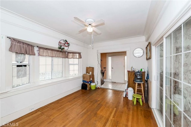 entrance foyer with ceiling fan, crown molding, and hardwood / wood-style flooring