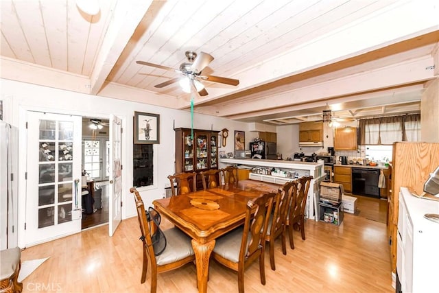 dining area featuring ceiling fan, light wood-type flooring, wooden ceiling, and beamed ceiling