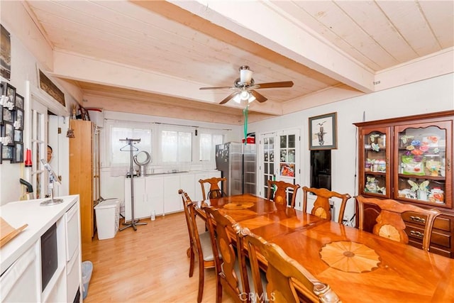 dining room featuring french doors, light hardwood / wood-style floors, beam ceiling, ceiling fan, and wooden ceiling