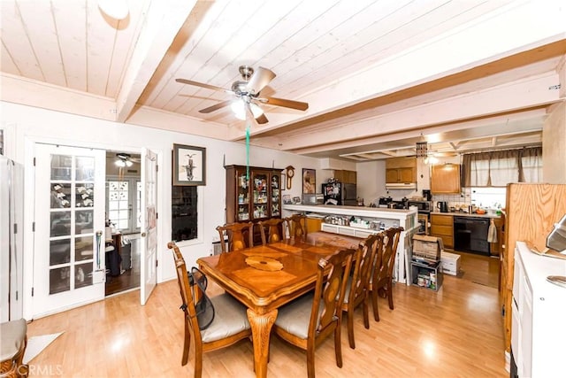 dining space featuring beam ceiling, ceiling fan, light hardwood / wood-style flooring, and wooden ceiling