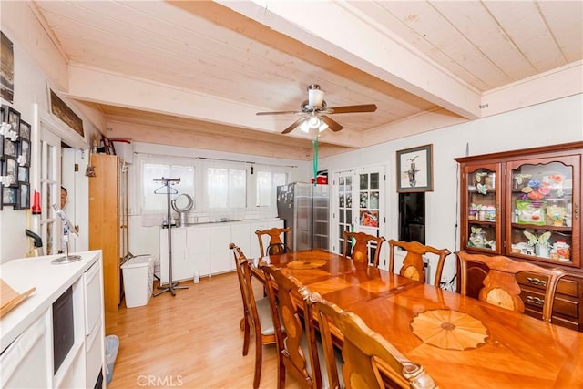 dining area featuring light hardwood / wood-style flooring, french doors, wood ceiling, ceiling fan, and beamed ceiling