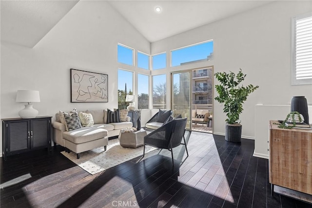 living room with dark wood-type flooring and high vaulted ceiling