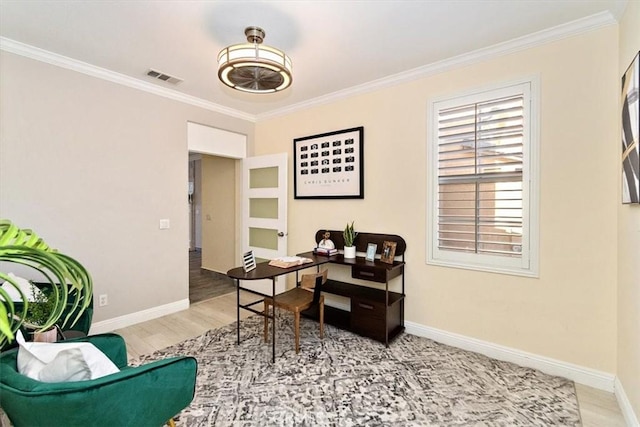 office space with hardwood / wood-style flooring and ornamental molding