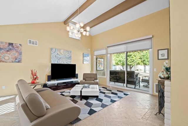 living room with light tile patterned floors, an inviting chandelier, and vaulted ceiling with beams