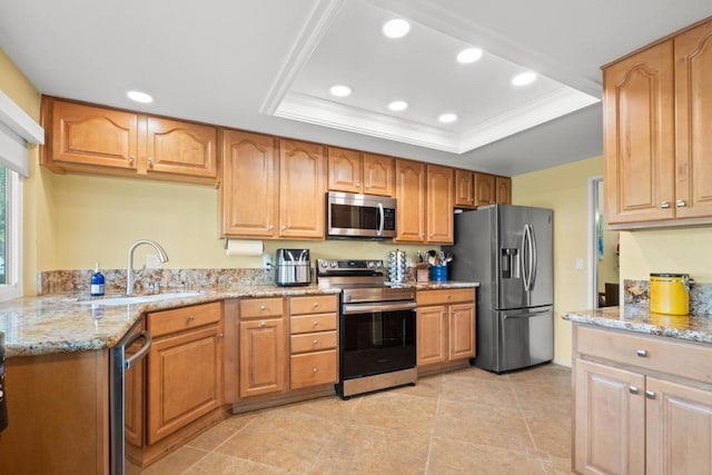 kitchen with a raised ceiling, appliances with stainless steel finishes, crown molding, and sink