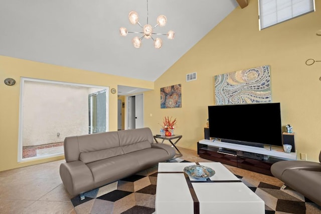 living room with high vaulted ceiling, a chandelier, and light tile patterned floors