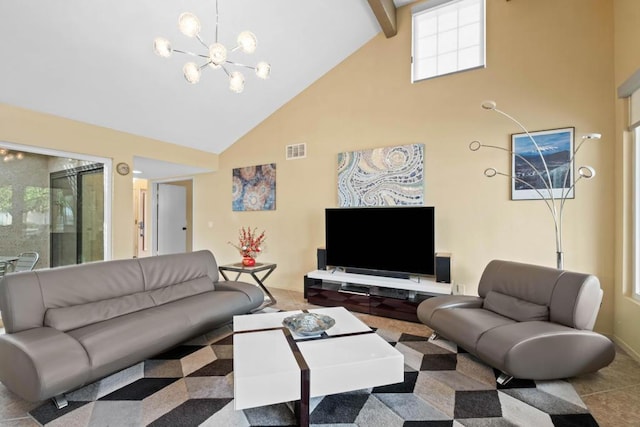 living room with high vaulted ceiling, a chandelier, and beamed ceiling