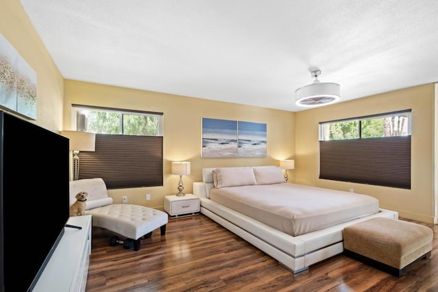 bedroom featuring dark hardwood / wood-style flooring and multiple windows