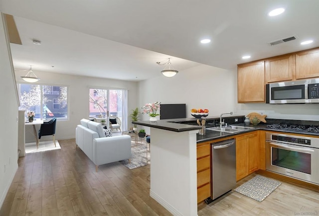 kitchen with stainless steel appliances, light hardwood / wood-style floors, hanging light fixtures, and sink