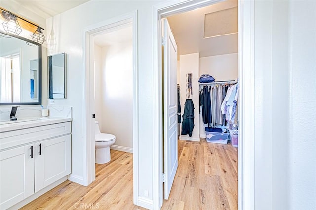 bathroom featuring toilet, vanity, and wood-type flooring