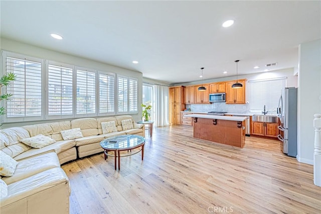 living room featuring light wood-type flooring and sink