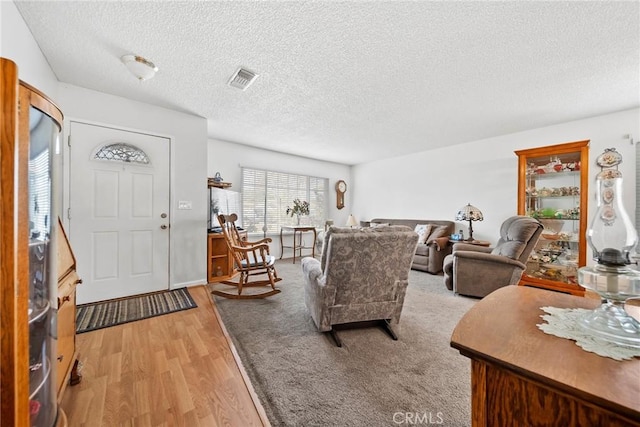 living room with light hardwood / wood-style floors and a textured ceiling