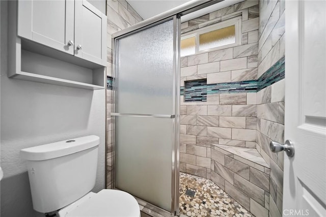 bathroom featuring a shower with shower door and toilet