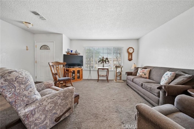 carpeted living room with a textured ceiling