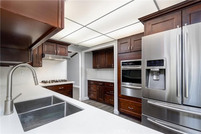 kitchen with stainless steel appliances, dark brown cabinetry, dark hardwood / wood-style flooring, and sink