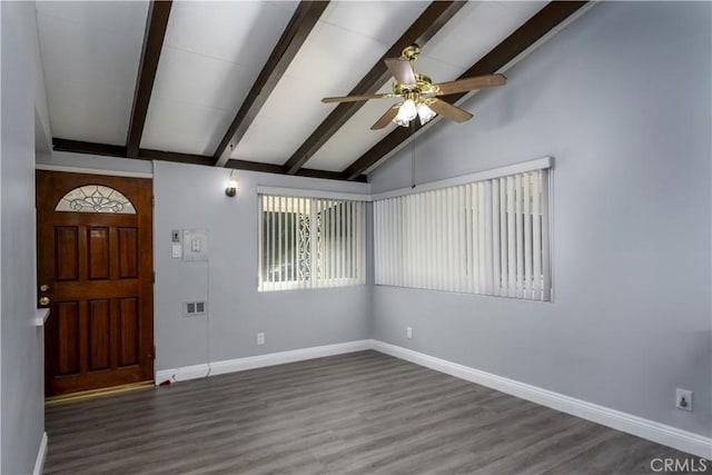 foyer entrance with hardwood / wood-style flooring, lofted ceiling with beams, and ceiling fan