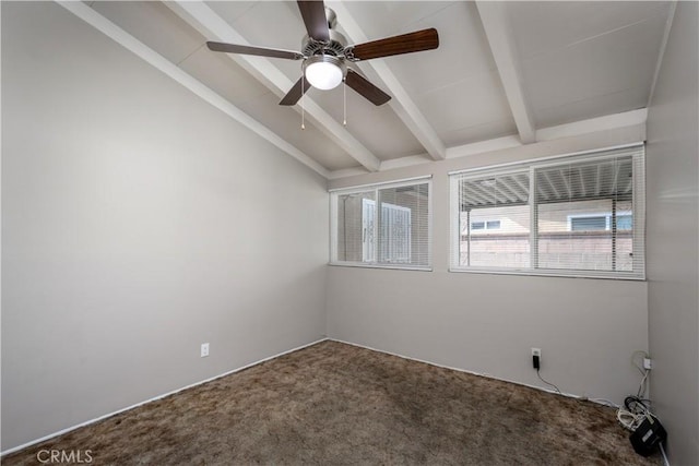 carpeted spare room with lofted ceiling with beams and ceiling fan