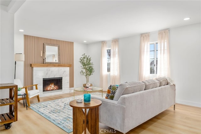 living room with a premium fireplace and light hardwood / wood-style flooring