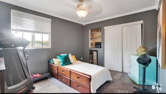 bedroom featuring ceiling fan, ornamental molding, a closet, and light wood-type flooring