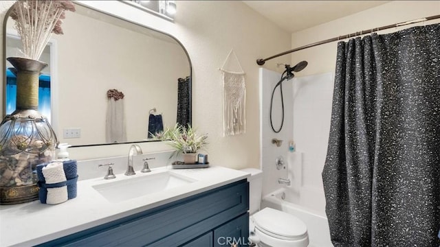 full bathroom featuring vanity, toilet, and shower / bathtub combination with curtain