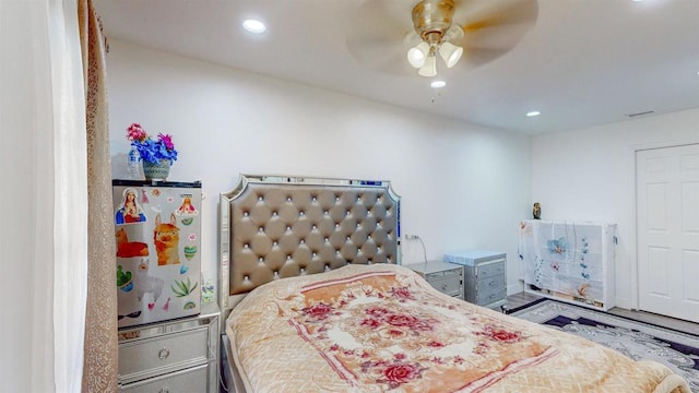 bedroom featuring a ceiling fan and recessed lighting