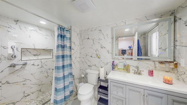 bathroom with toilet, a shower with curtain, tile walls, and vanity