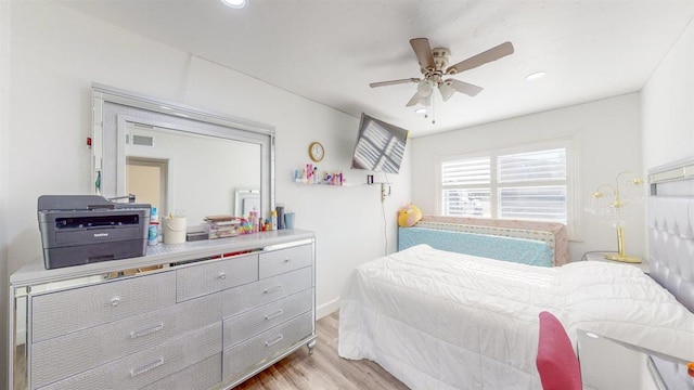 bedroom with ceiling fan, light wood-type flooring, visible vents, and recessed lighting