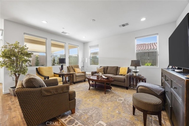 living room featuring a wealth of natural light and light hardwood / wood-style floors