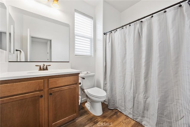 bathroom featuring wood-type flooring, toilet, and vanity