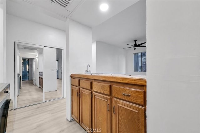 kitchen featuring ceiling fan, light hardwood / wood-style flooring, and sink