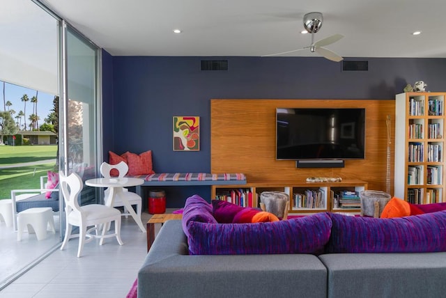 living room with ceiling fan