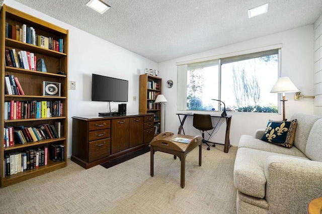 carpeted living room featuring a textured ceiling