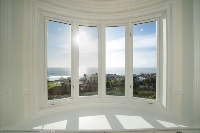 interior space featuring a water view