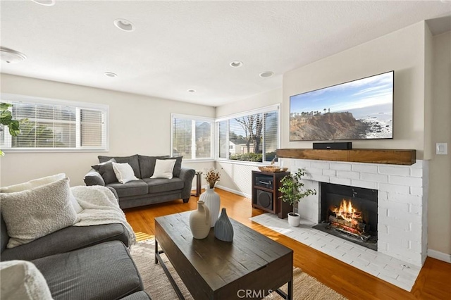 living room featuring a fireplace and light wood-type flooring