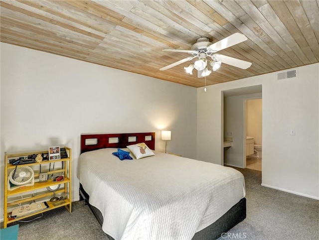 bedroom featuring carpet floors, wood ceiling, visible vents, and ceiling fan