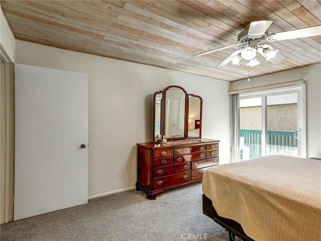 bedroom featuring access to exterior, wooden ceiling, a ceiling fan, and light colored carpet