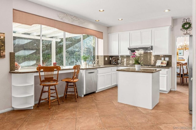 kitchen featuring sink, white cabinets, a center island, dishwasher, and tasteful backsplash