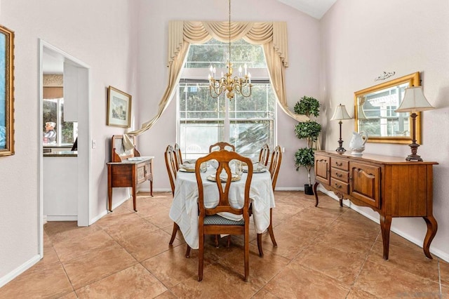 dining room with vaulted ceiling and a chandelier