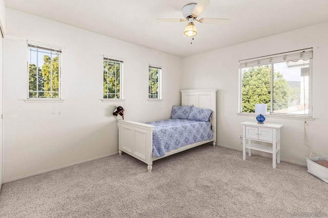 carpeted bedroom with multiple windows and ceiling fan