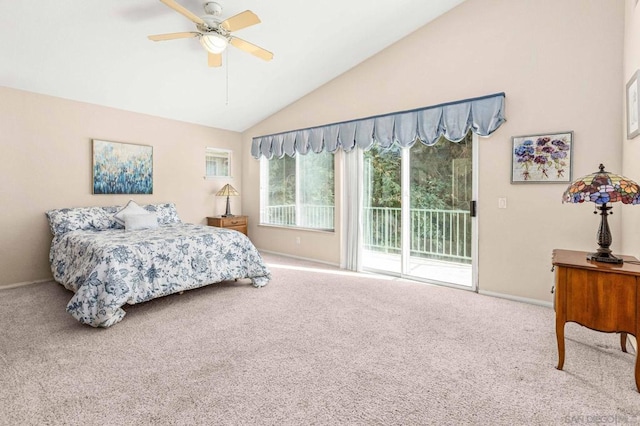 carpeted bedroom featuring lofted ceiling, ceiling fan, and access to exterior