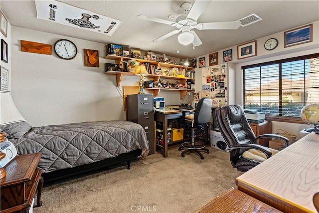 bedroom featuring light carpet and ceiling fan