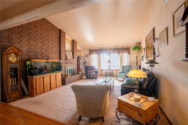 living room with a fireplace and vaulted ceiling with beams